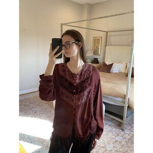 Maroon Boho Fringe Jacket Shirt Size M/L